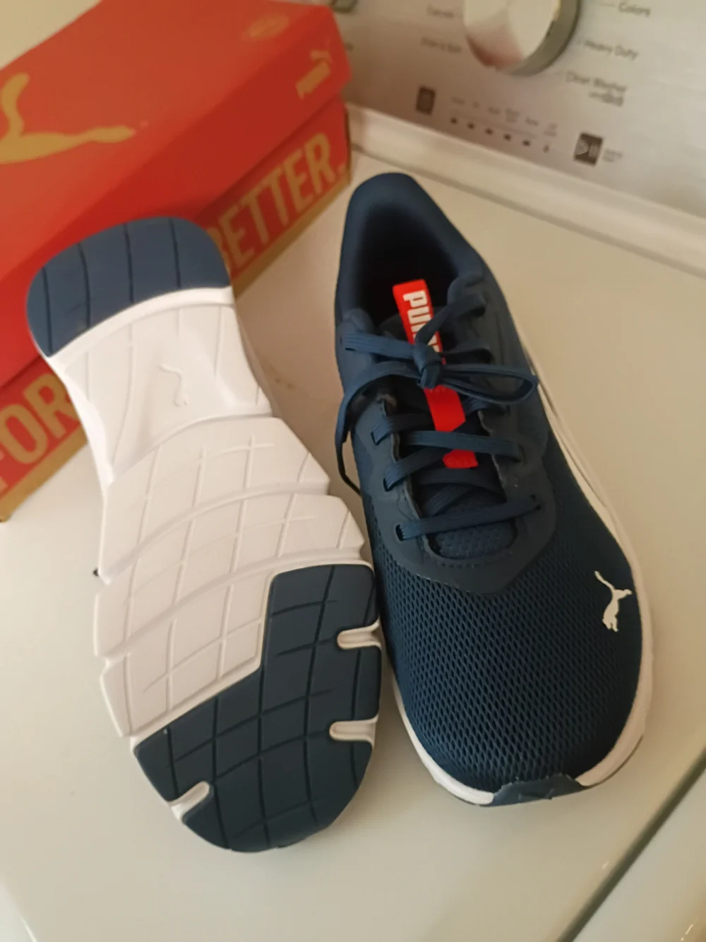 Puma Navy Blue and White Athletic Sneakers with Red Accents